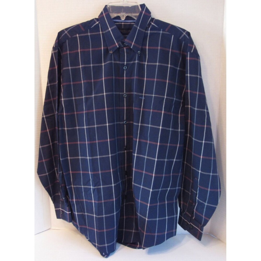 Van Heusen Shirt Mens Blue Plaid LS Button Up Shirt Wrinkle Free Size M 15-15.5